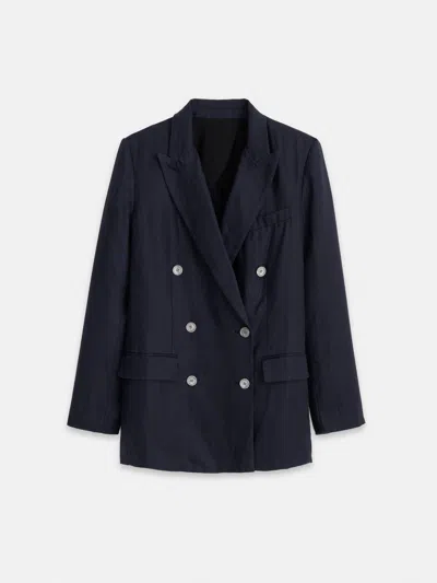 Alex Mill Anna Double Breasted Blazer In Linen In Dark Navy