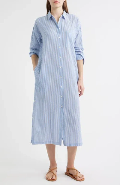 Alex Mill Kerry Stripe Long Sleeve Cotton Seersucker Midi Shirtdress In Blue