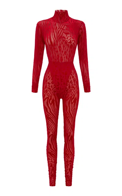 Alex Perry Animal-print Burnout Catsuit In Red