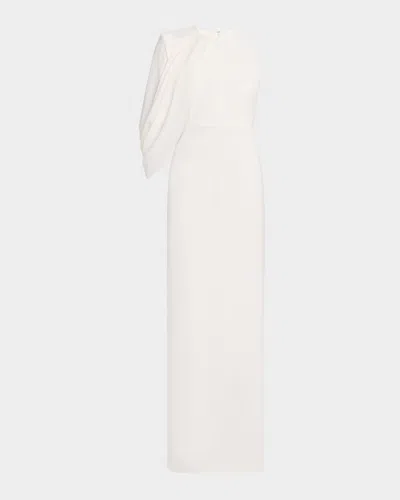 Alex Perry Asymmetric Cape-sleeve Crepe Column Gown In White