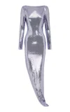 Alex Perry Asymmetric Sequined Mesh Maxi Dress In Purple