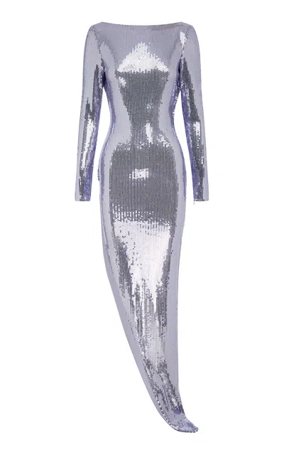 Alex Perry Asymmetric Sequined Mesh Maxi Dress In Purple