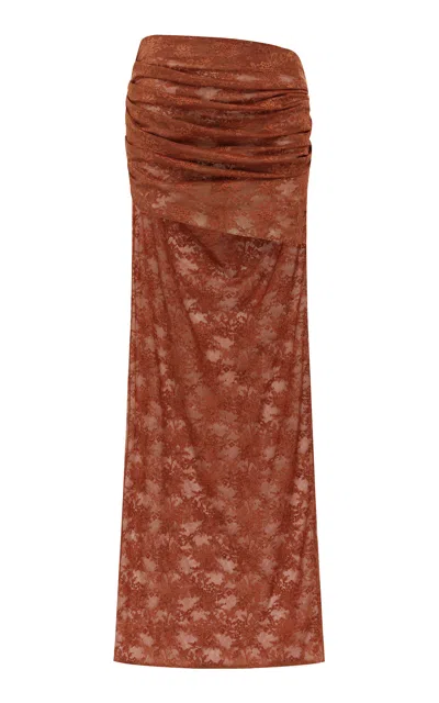 Alex Perry Asymmetric Sheer Stretch Lace Mini Skirt In Orange