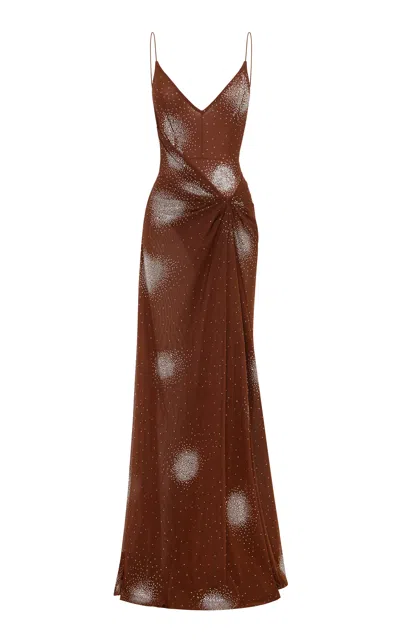 Alex Perry Bikini Draped Crystal Mesh Gown In Brown