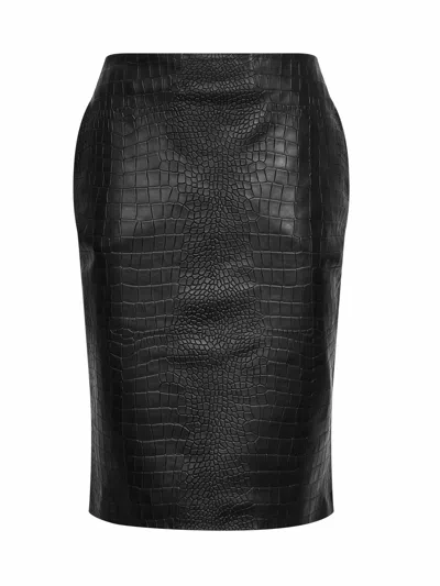 Alex Perry Black Crocodile-embossed Nappa Leather Pencil Skirt