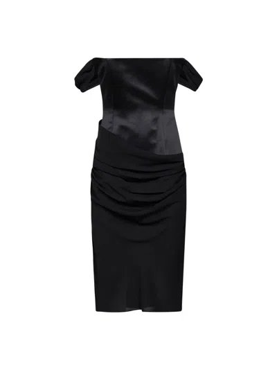 Alex Perry Black Duchesse Satin And Silk Georgette Fff-the-shoulder Midi Dress