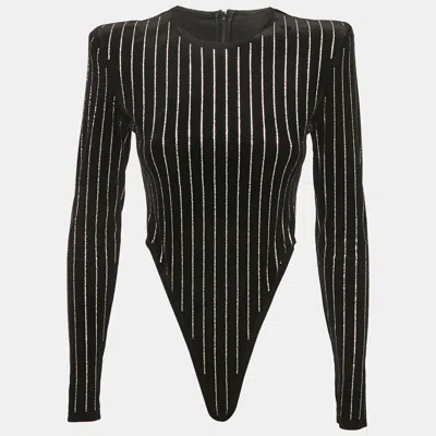 Pre-owned Alex Perry Black Rhinestone Striped Velvet Bodysuit M