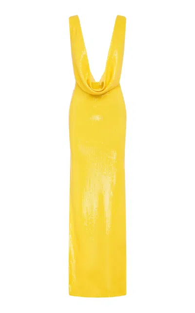 Alex Perry Cowl-neck Sequined Mesh Maxi Dress In Yellow