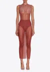 ALEX PERRY CREW COLUMN CRYSTAL MESH SHEER MIDI DRESS