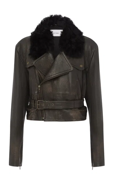 Alex Perry Cropped Leather Biker Jacket In Brown