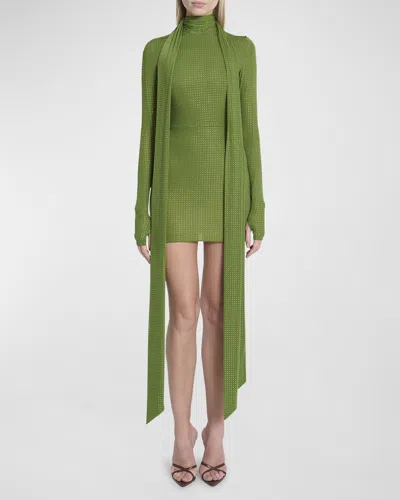 Alex Perry Crystal Embellished Long-sleeve Scarf-neck Mini Dress In Fern