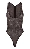 Alex Perry Crystal-embellished Mesh Bodysuit In Brown