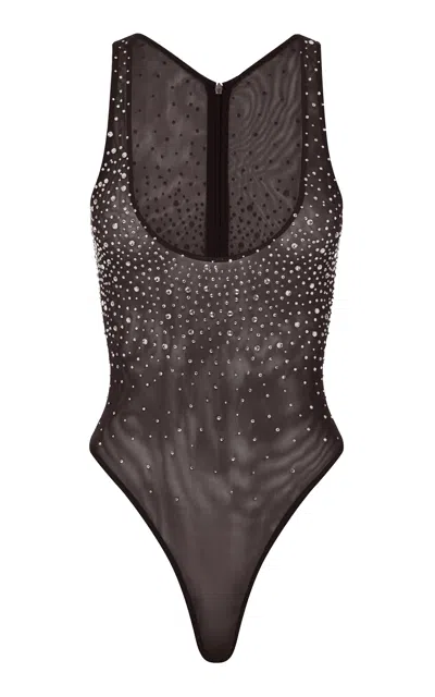 Alex Perry Crystal-embellished Mesh Bodysuit In Brown
