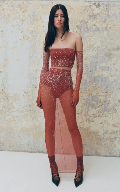 Alex Perry Crystal-embellished Mesh Gloves In Red