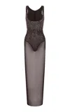 Alex Perry Crystal-embellished Mesh Maxi Dress In Brown