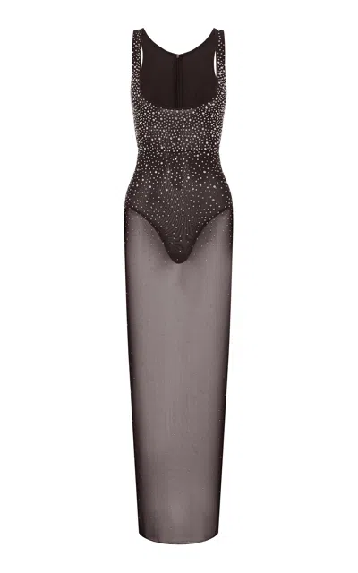 Alex Perry Crystal-embellished Mesh Maxi Dress In Brown