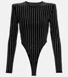 ALEX PERRY CRYSTAL-EMBELLISHED PINSTRIPE VELVET BODYSUIT