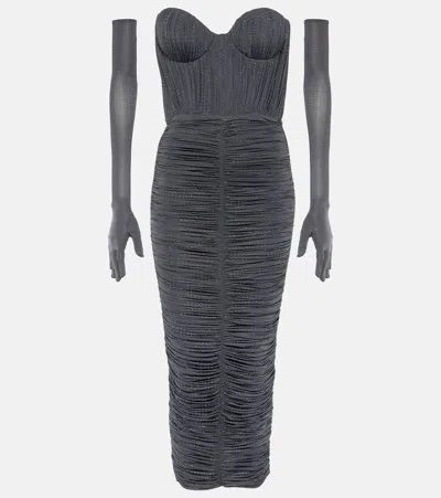 Alex Perry Crystal-embellished Ruched Jersey Midi Dress In Grey