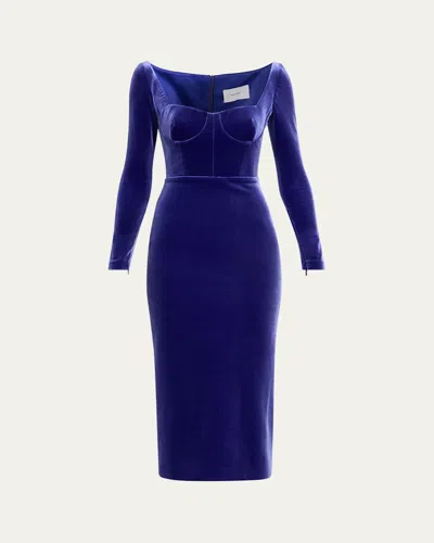 Alex Perry Cupped Long-sleeve Velvet Midi Dress In Blue