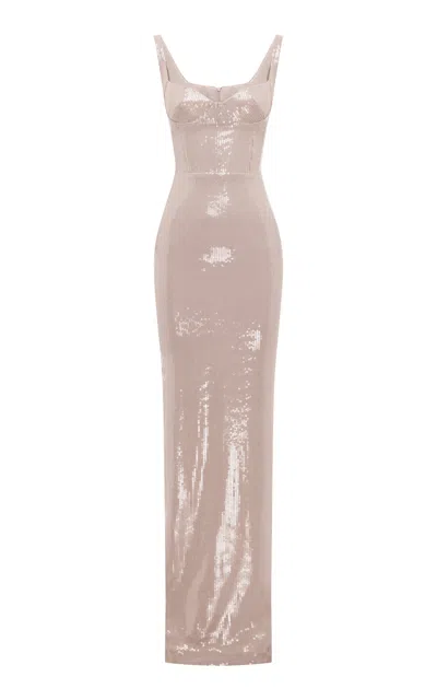 Alex Perry Cupped Sequin Mesh Column Gown In Gray