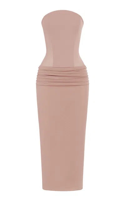 Alex Perry Curved Longline Powermesh Midi Dress In Pink