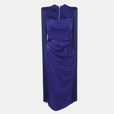 Pre-owned Alex Perry Dallas Blue Satin Fringe Sleeveless Midi Dress L