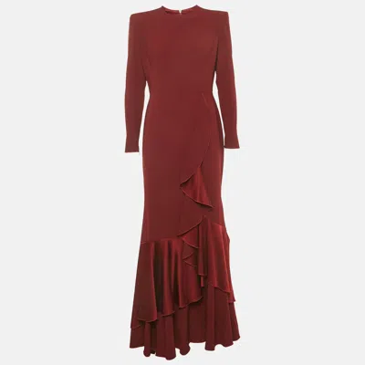 Pre-owned Alex Perry Dark Red Crepe Asymmetric Long Sleeve Flounce Gown L
