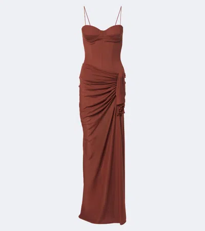 Alex Perry Tie-detailed Draped Jersey Gown In Brown