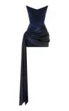 Alex Perry Strapless Corset Satin Mini Dress With Draped Panel In Navy