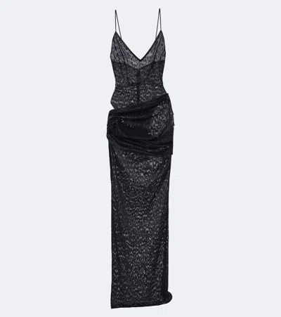 Alex Perry Draped Leopard-print Lace Maxi Dress In Black
