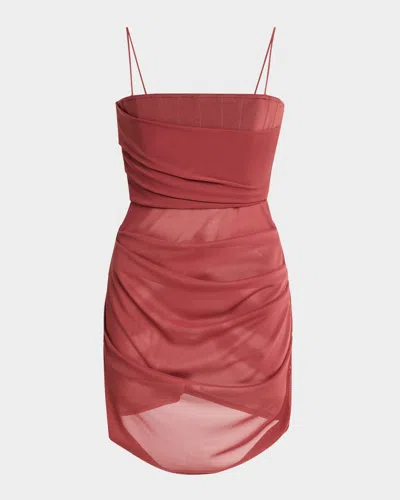 Alex Perry Draped Mesh Tucked Corset Mini Dress In Cognac