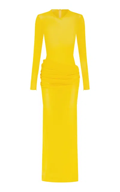 Alex Perry Draped Power Mesh Maxi Dress In Yellow