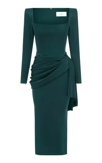 Alex Perry Draped Satin Crepe Corset Midi Dress In Dark Green