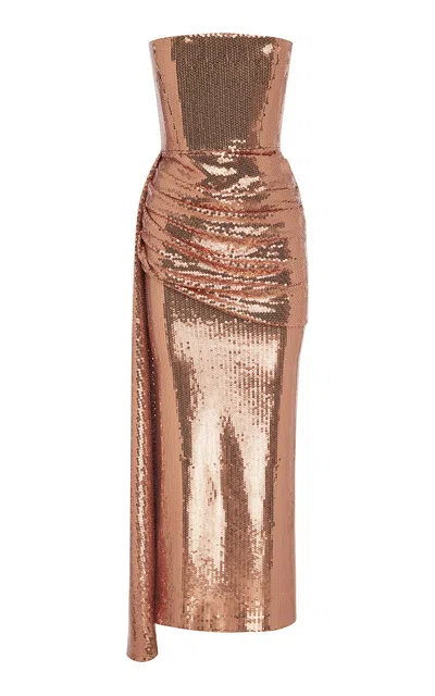 Alex Perry Draped Sequined Mesh Midi Dress In Bronze