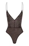Alex Perry Embellished Mesh Bodysuit In Brown
