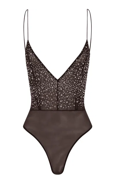 Alex Perry Embellished Mesh Bodysuit In Brown