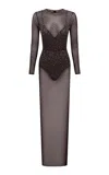 Alex Perry Embellished Mesh Maxi Dress In Brown