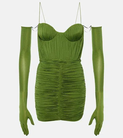 Alex Perry Embellished Ruched Jersey Minidress In Green