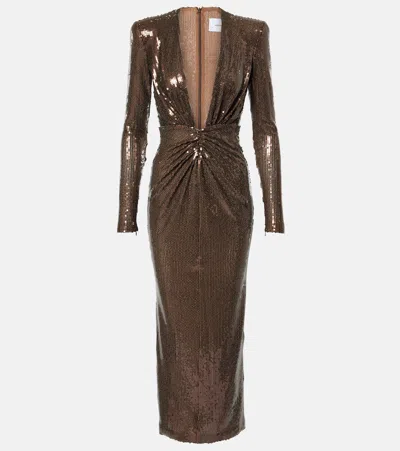 Alex Perry Gathered Sequined Midi Dress In Brown
