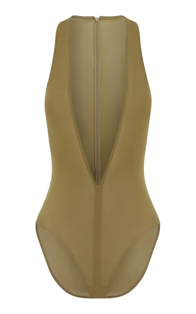 Alex Perry Halter Power Mesh Bodysuit In Khaki