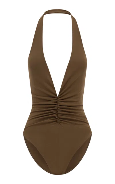 Alex Perry Halter Ruched Powermesh Bodysuit In Brown