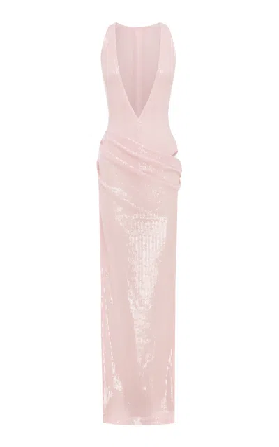 Alex Perry Halter Sequin Mesh Column Gown In Pink