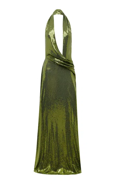 Alex Perry Halter Sequined Mesh Gown In Green