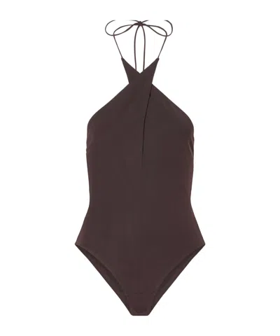 Alex Perry Halterneck Backless Stretch-mesh Bodysuit In Brown