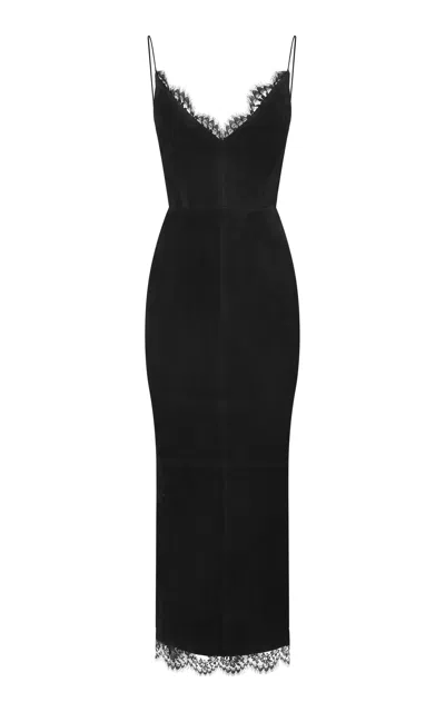 Alex Perry Lace-trimmed Suede Midi Dress In Black