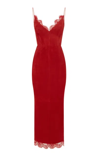 Alex Perry Lace-trimmed Suede Midi Dress In Red