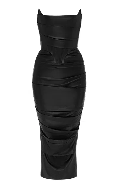 Alex Perry Leather Corset Midi Dress In Black