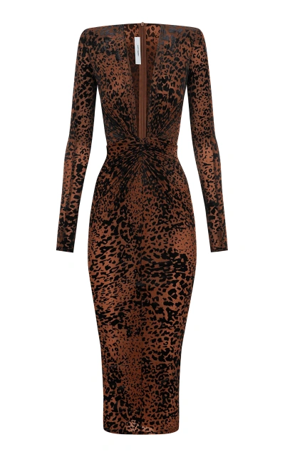 Alex Perry Leopard Burnout Plunging Mesh Midi Dress In Brown