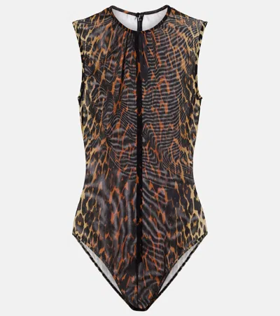 Alex Perry Leopard-print Mesh Bodysuit In Brown