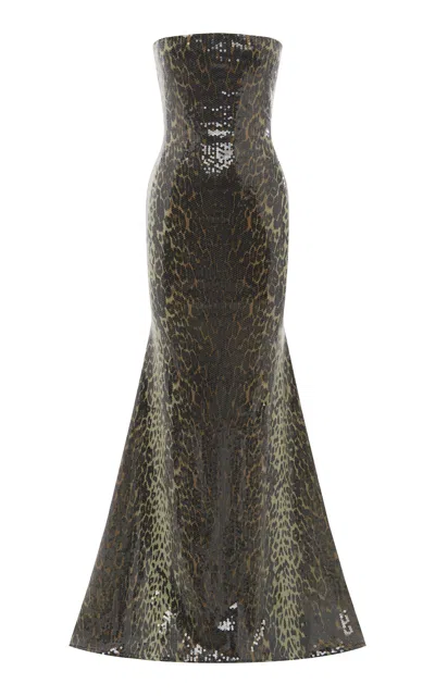 Alex Perry Leopard Sequined Strapless Gown